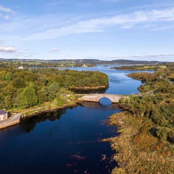 Aerial view, river approaching Doe Castle, Sheephaven Bay, Co. Donegal
