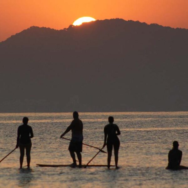Group of Stand-up Paddleboarders watch sunrise