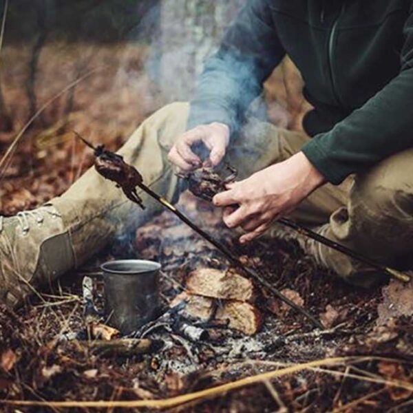 Closeup of hands lighting a campfire